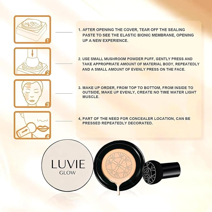 Luvie Glow Foundation Cushion, 2026 New Mushroom Head Air Cushion CC Cream, Luvie Glow Makeup - Moisturizing Concealer Brighten Long-Lasting, Natural BB Cream for All Skin Types (Warm)