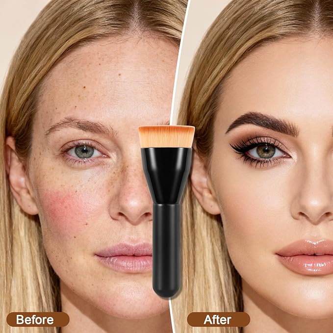 Kabuki Foundation Brush, Flat Top Foundation Brush for Liquid Makeup, Self Tanner, Cream, and Concealer. Soft Dense Bristles for Flawless, Seamless Blending (Black)