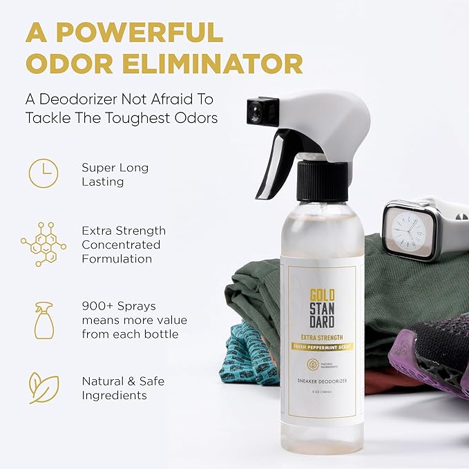 Gold Standard Natural Sneaker Deodorizer Spray, 2 Pack, 6 oz Shoe Odor Eliminator, Extra Strength & Long-Lasting Peppermint Fresh Scent, Shoe Deodorizer Spray