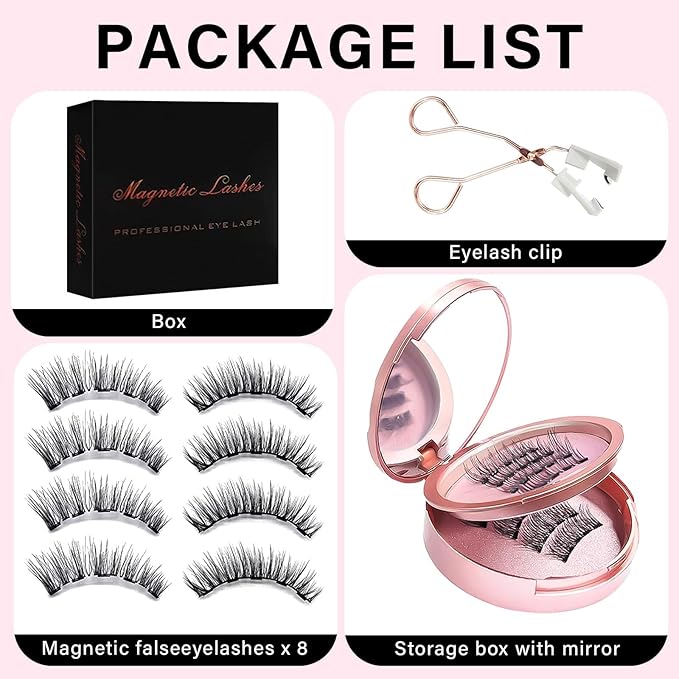 Magnetic Eyelashes, Easy to Wear Magnetic Lashes, Reusable No-Glue 4-Pair Kit with Applicator for Natural-Looking Lashes