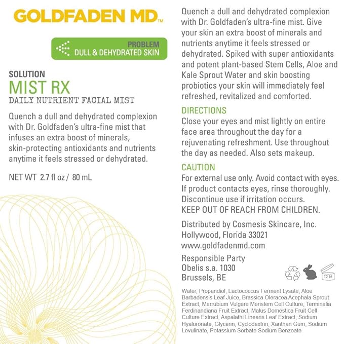 GOLDFADEN MD Mist RX | Daily Nutrient Face Mist | w/Aloe Vera Water, Plant Stem Cells & Antioxidants | Delivers Hydration & Revitalizes | Nourishing Makeup Setting Spray | 2.0 fl oz / 80 mL