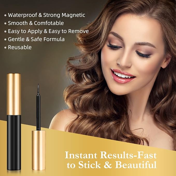Magnetic Eyelashes, 6 Pairs Magnetic Lashes, False Lashes with 2 Tubes of Magnetic Eyeliner, Magnetic Eyelashes Kit with Tweezers, Reusable, No Glue