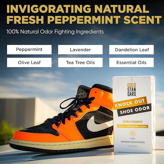 Gold Standard Shoe Deodorizer Spray, 6 oz – Shoe Spray and Smell Remover, Long-Lasting Shoe Odor Eliminator, Natural Shoe Freshener Spray with Peppermint