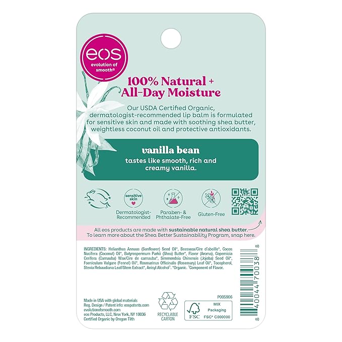 eos 100% Natural & Organic Lip Balm Sphere- Vanilla Bean, All-day Moisture, Dermatologist Recommended for Sensitive Skin, Lip Care Products, 0.25 oz (Pack of 2)