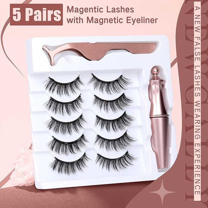 Newcally Magnetic Eyelashes with Eyeliner Kit Reusable Wispy Lashes Natural Look Magnetic Lashes Kit C-curly No Glue Needed 5 Pairs False Lashes with Magnetic Eyeliner & Tweezers
