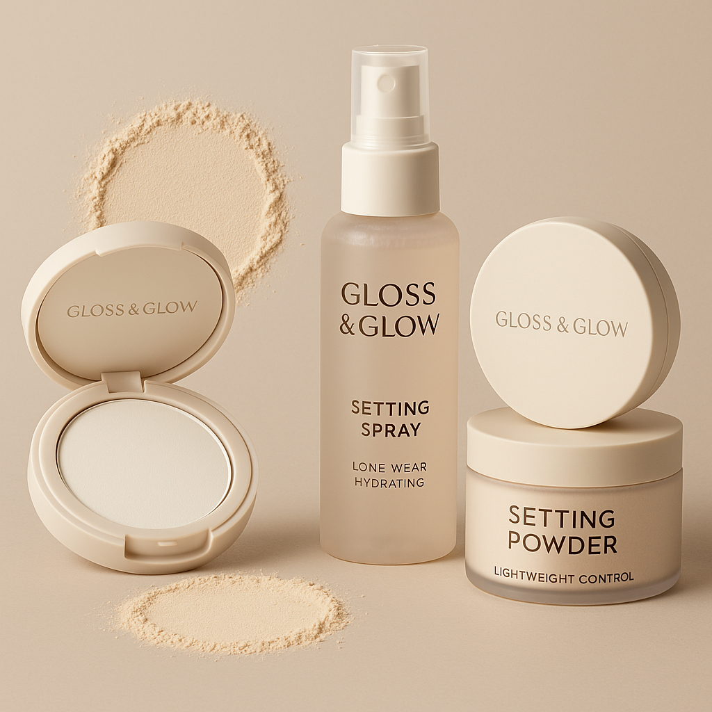 Makeup artist applying Gloss & Glow setting spray for smudge-proof hold