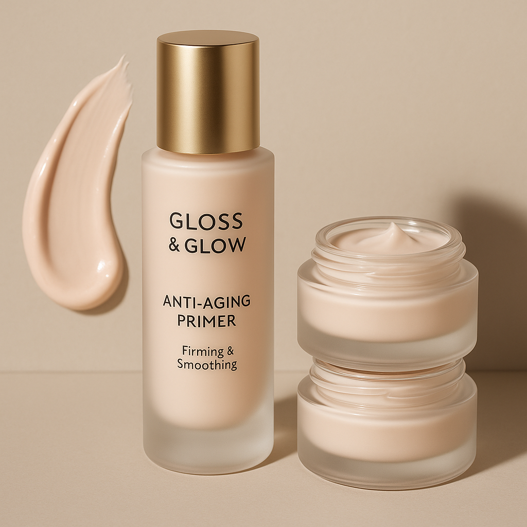 Close-up of Gloss & Glow Anti-Aging Primer showing lightweight hydrating formula for youthful skin