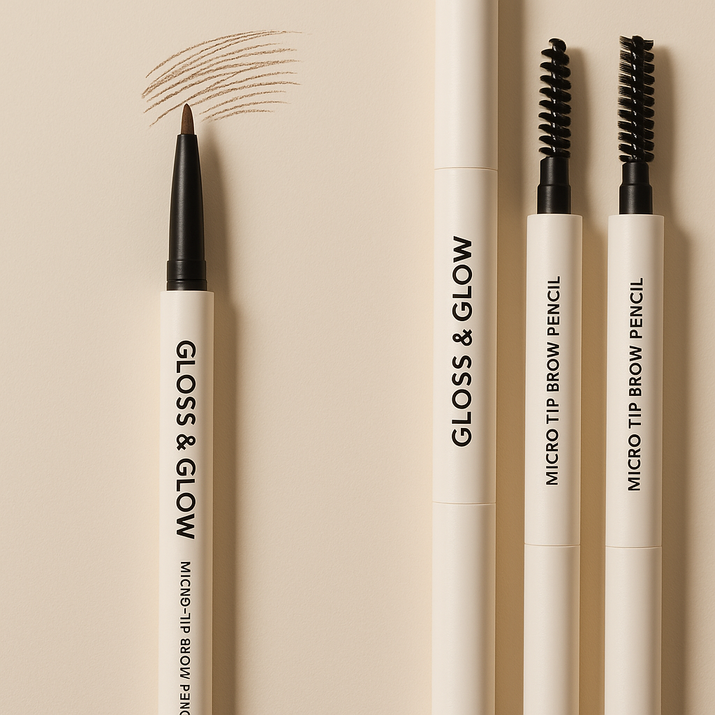 Close-up of Gloss & Glow Brow Pencil showing smudge-proof, lightweight formula