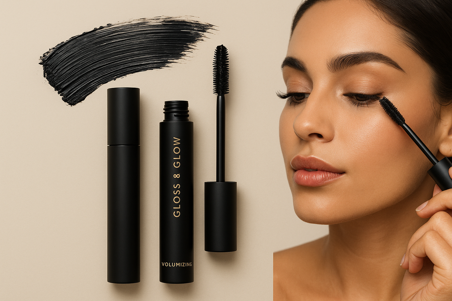 Model applying Gloss & Glow mascara to achieve dramatic volumized lashes