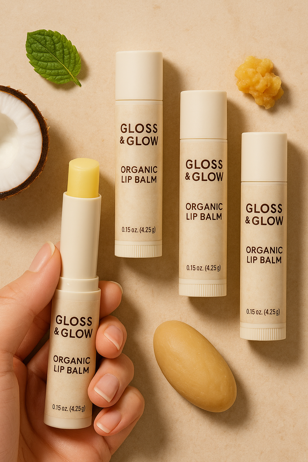 Close-up of eco-friendly lip balm packaging with organic botanical formula