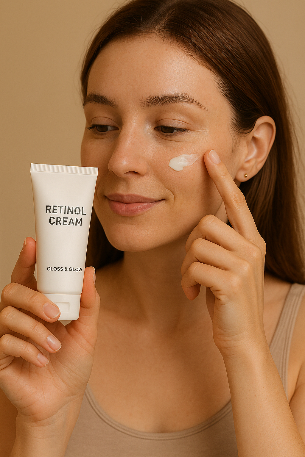 Gloss & Glow Retinol Cream jar on a marble surface with soft glowing background, symbolizing hydration and anti-aging skincare.