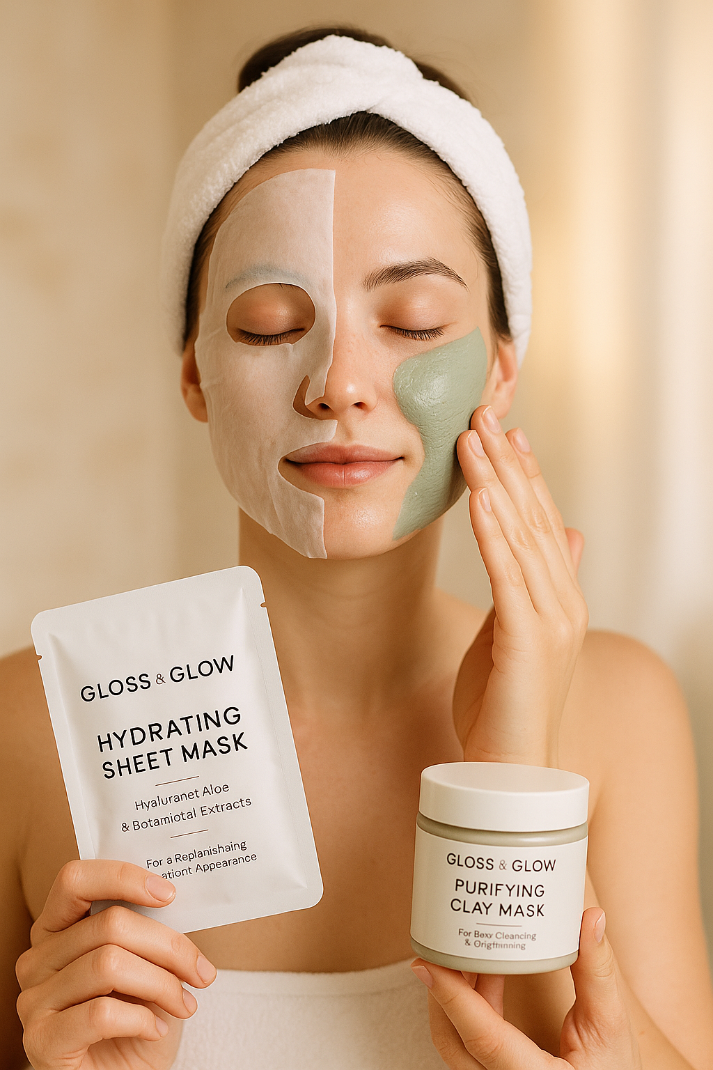 Gloss & Glow Sheet and Clay Masks displayed on a marble surface with glowing soft background, symbolizing hydration, detox, and radiant skin.