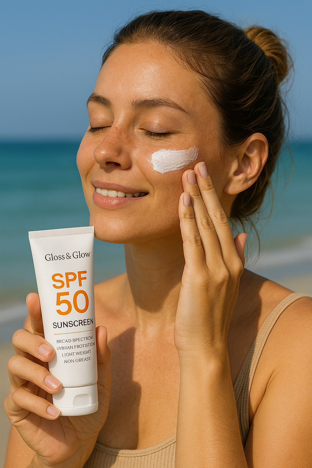 Gloss & Glow SPF Sunscreen tube on a sunny beach background, symbolizing sun protection and skincare.