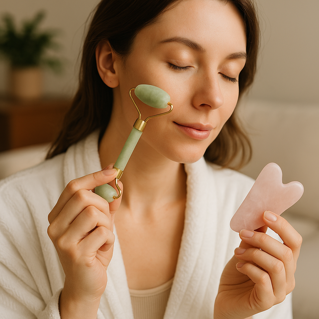 Gloss & Glow jade facial roller and rose quartz gua sha stone displayed elegantly on a marble surface, symbolizing beauty and skincare.