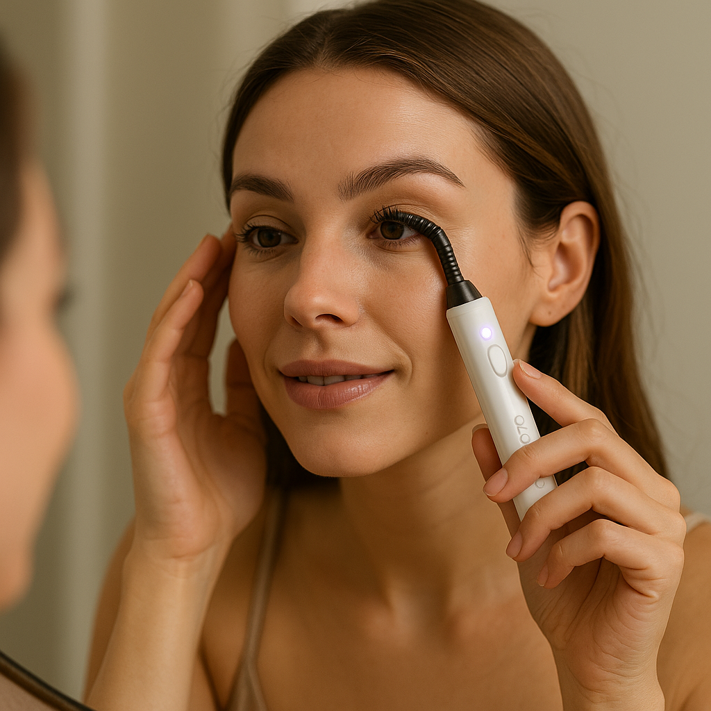 Gloss & Glow Heated Eyelash Curler being used by a woman in front of a mirror for natural, long-lasting lash curl.