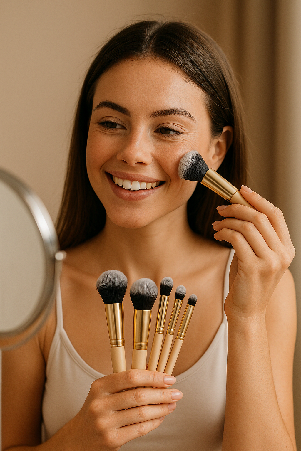 Gloss & Glow makeup brush set being used by a woman applying foundation in front of a mirror, symbolizing flawless beauty and professional application
