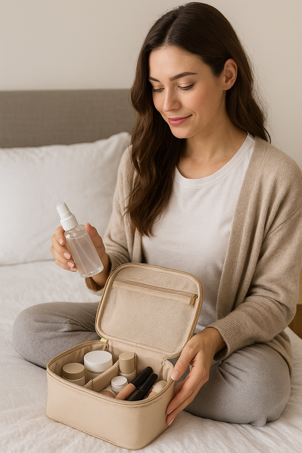 Gloss & Glow travel cosmetic organizer being used by a woman packing skincare and makeup products for a trip.