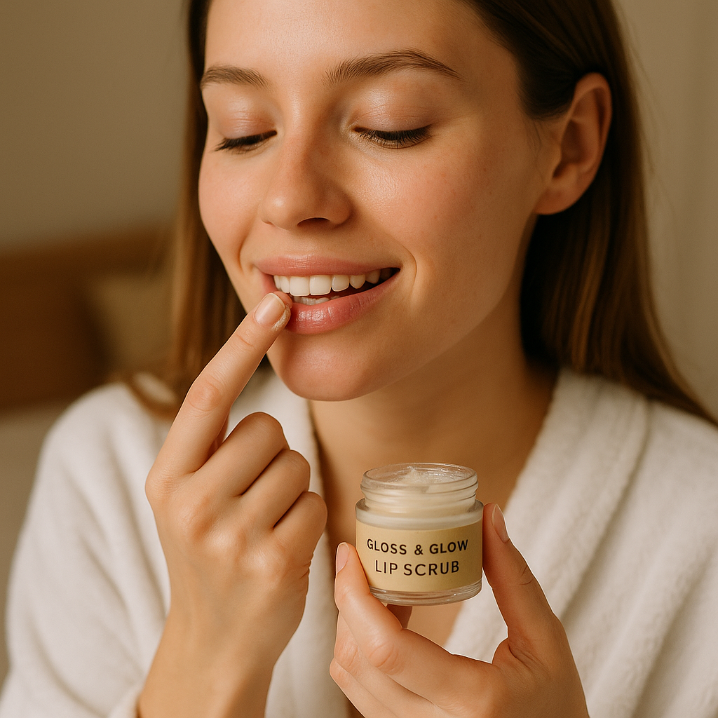 Gloss & Glow lip scrub and treatment being applied by a woman, symbolizing hydration, exfoliation, and soft lips