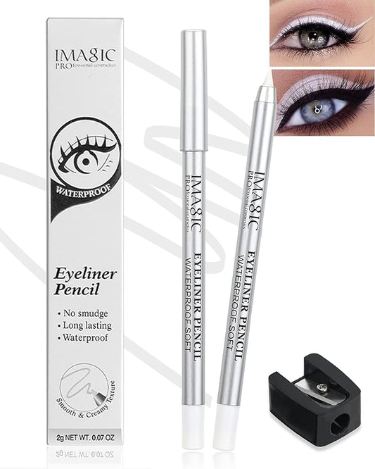 White Waterproof Gel Eyeliner Pens, Highlighter Eye Liner Pencil, Matte Long Lasting Super Smooth formula Eye Liner Eyeshadow Makeup Pen, Polished White Luster, with Pencil Sharpener-1Pcs