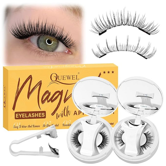 QUEWEL Magnetic Eyelashes with Applicator, 2 Pairs Portable Magnetic Lashes with Applicator, Upgrade Magnetic Eyelashes Natural Look More Easy to Wear, Easy to Wear and Remove(NZH-A+C)