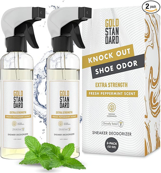 Gold Standard Natural Sneaker Deodorizer Spray, 2 Pack, 6 oz Shoe Odor Eliminator, Extra Strength & Long-Lasting Peppermint Fresh Scent, Shoe Deodorizer Spray