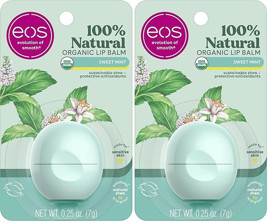 eos 100% Natural & Organic Lip Balm- Sweet Mint, Dermatologist Recommended, All-Day Moisture, Made for Sensitive Skin, Lip Care Products, 0.25 oz (Pack of 2)