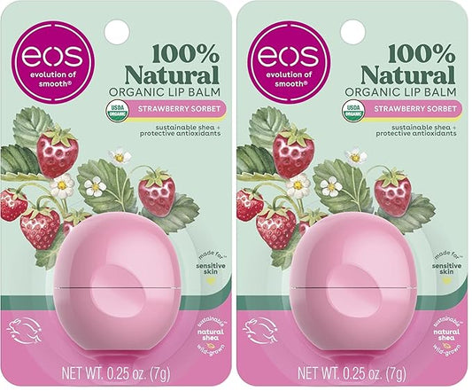 eos 100% Natural & Organic Lip Balm- Strawberry Sorbet, All-Day Moisture, Dermatologist Recommended for Sensitive Skin, Lip Care Products, 0.25 oz (Pack of 2)